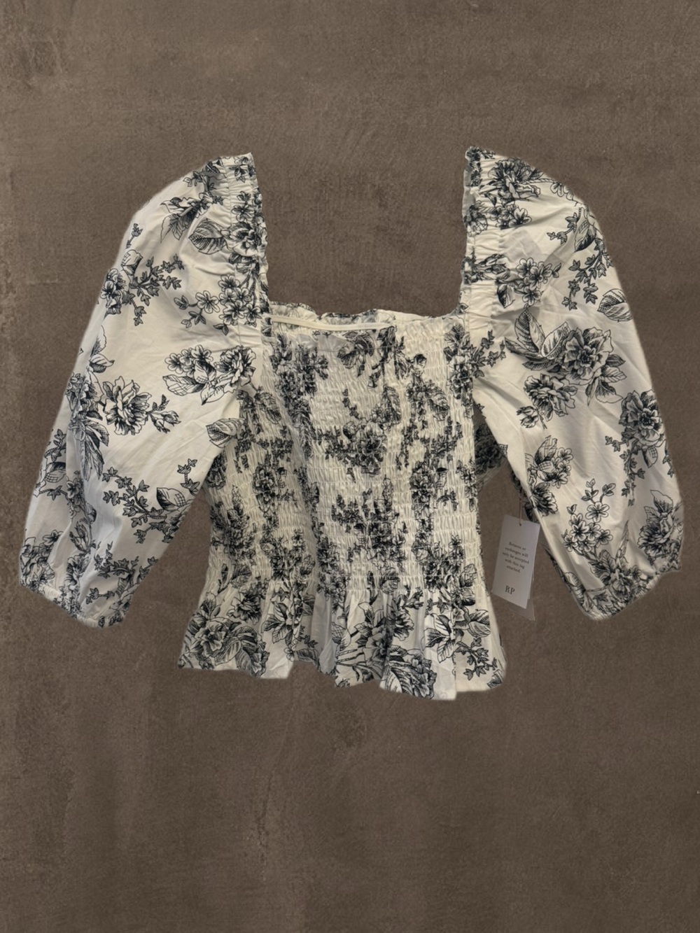 Rachel Parcell Black Floral Smocked Puff Sleeve Blouse - White/Black